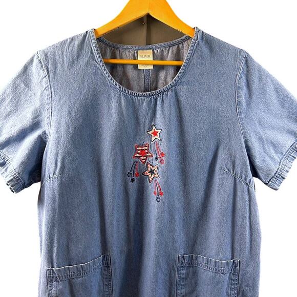 VTG USA Embroidered Stars Patriotic 4th of July Denim Dress Fireworks XL - Picture 3 of 9